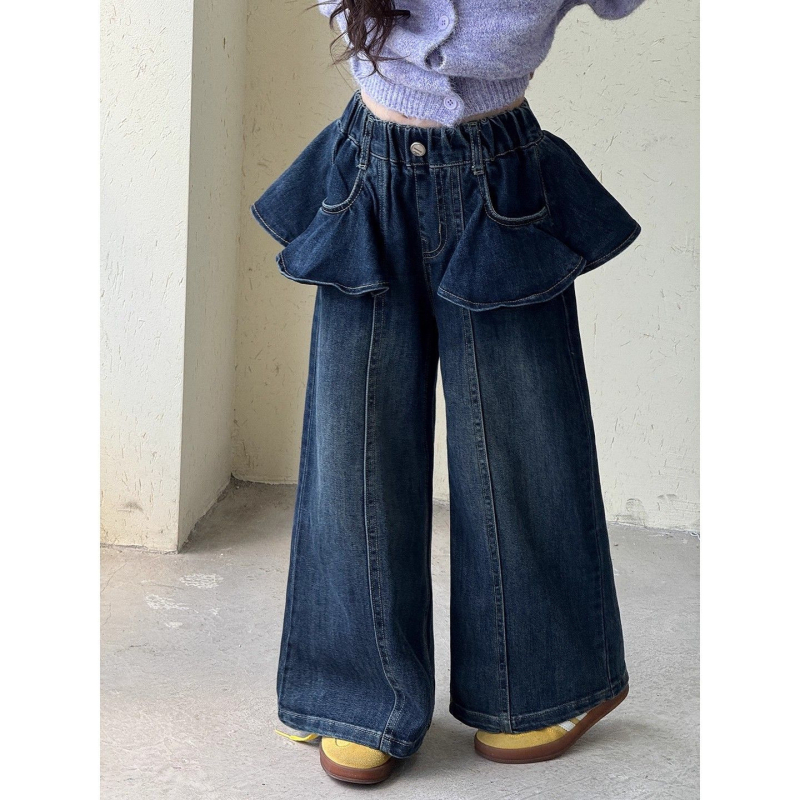 Lányoknak szóló farmernadrág, koreai stílusú, széles láb, középmagas derék, pamut 51–70%