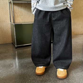 Dječje traperice, korejskog stila, Twill denim, 90% pamuka, srednje visine struka s elastičnim pojasom (Jesen 2025)