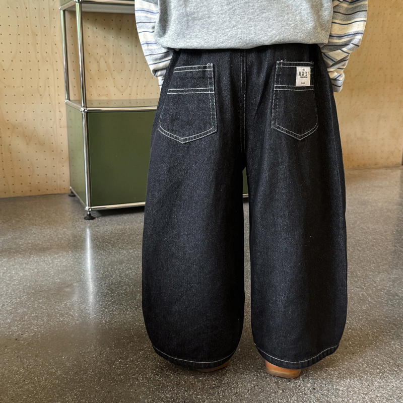 Dječje traperice, korejskog stila, Twill denim, 90% pamuka, srednje visine struka s elastičnim pojasom (Jesen 2025)