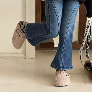 Mergaitėms žieminiai platus džinsai su fleece pamušalu, flanelės audinys, elastinė juosta, 1–3 metų amžiaus