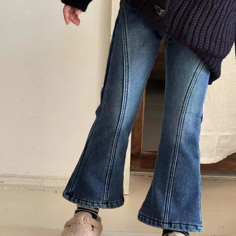 Mergaitėms žieminiai platus džinsai su fleece pamušalu, flanelės audinys, elastinė juosta, 1–3 metų amžiaus