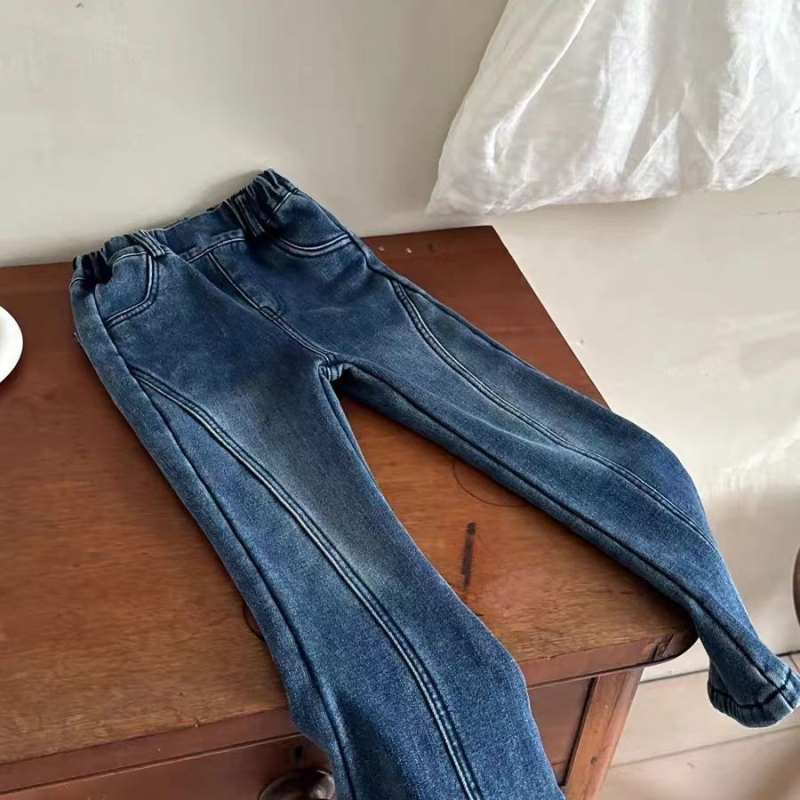 Mergaitėms žieminiai platus džinsai su fleece pamušalu, flanelės audinys, elastinė juosta, 1–3 metų amžiaus