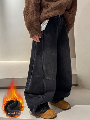 Berniški džinsai iš medvilnės su fliso pamušalu, žiemai, ilgi, stora, vidutinio liemens su elastine juosta