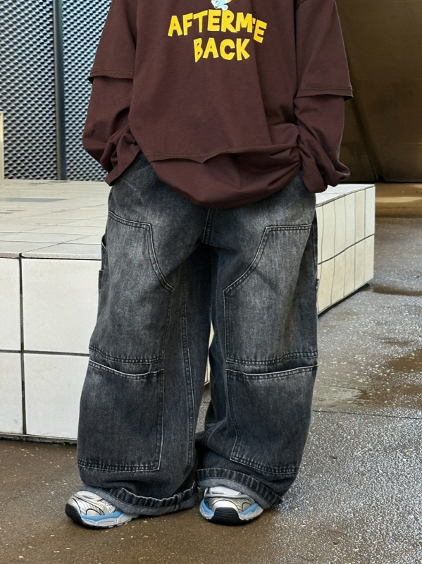 Vaikų džinsai su daugybe kišenių, laisvas tiesus kirpimas, 100% medvilnė, universalus