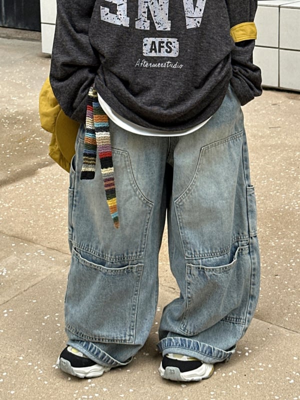 Vaikų džinsai su daugybe kišenių, laisvas tiesus kirpimas, 100% medvilnė, universalus