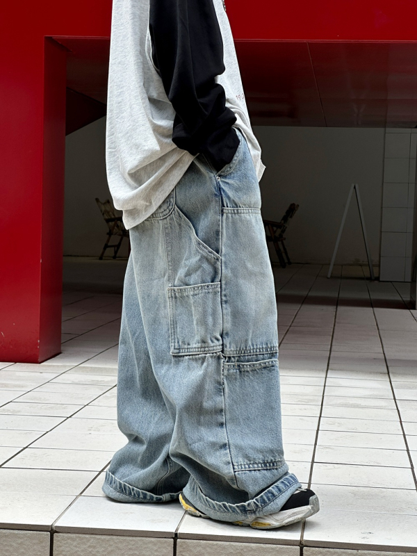 Vaikų džinsai su daugybe kišenių, laisvas tiesus kirpimas, 100% medvilnė, universalus