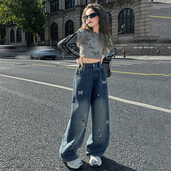 Mergaitėms džinsai su korėjietišku stiliumi, aukštas liemuo, elastinis juosmuo, karikatūrinis raštas, 70% džinų sudėtis
