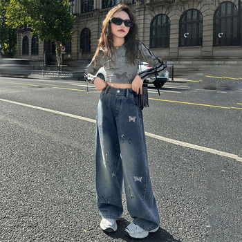 Mergaitėms džinsai su korėjietišku stiliumi, aukštas liemuo, elastinis juosmuo, karikatūrinis raštas, 70% džinų sudėtis