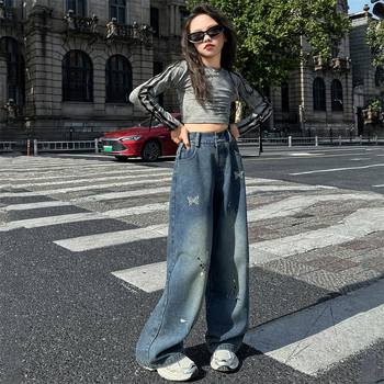 Mergaitėms džinsai su korėjietišku stiliumi, aukštas liemuo, elastinis juosmuo, karikatūrinis raštas, 70% džinų sudėtis