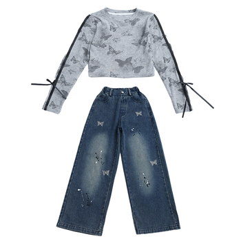 Mergaitėms džinsai su korėjietišku stiliumi, aukštas liemuo, elastinis juosmuo, karikatūrinis raštas, 70% džinų sudėtis