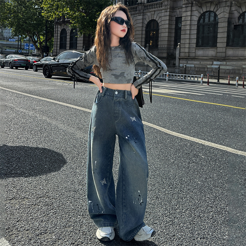 Mergaitėms džinsai su korėjietišku stiliumi, aukštas liemuo, elastinis juosmuo, karikatūrinis raštas, 70% džinų sudėtis