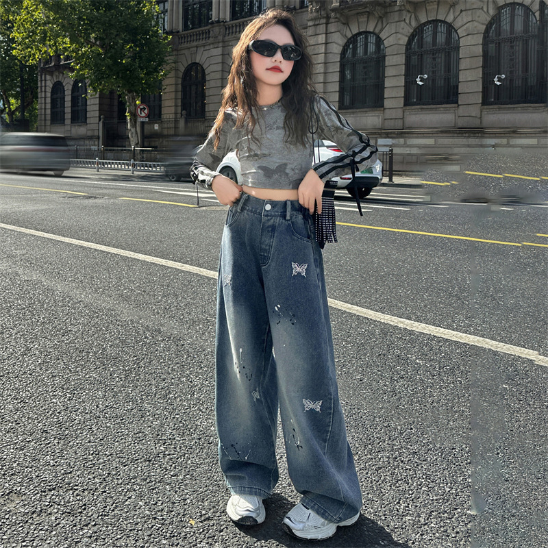 Mergaitėms džinsai su korėjietišku stiliumi, aukštas liemuo, elastinis juosmuo, karikatūrinis raštas, 70% džinų sudėtis