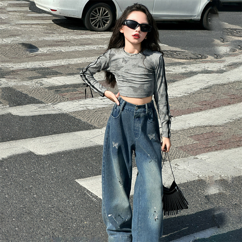 Mergaitėms džinsai su korėjietišku stiliumi, aukštas liemuo, elastinis juosmuo, karikatūrinis raštas, 70% džinų sudėtis