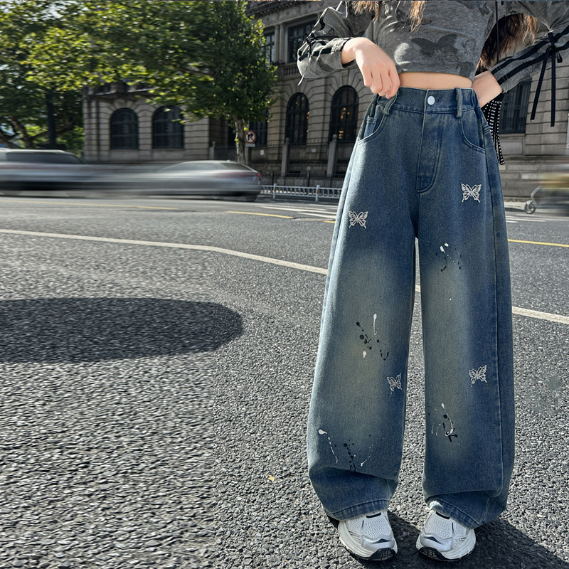 Mergaitėms džinsai su korėjietišku stiliumi, aukštas liemuo, elastinis juosmuo, karikatūrinis raštas, 70% džinų sudėtis