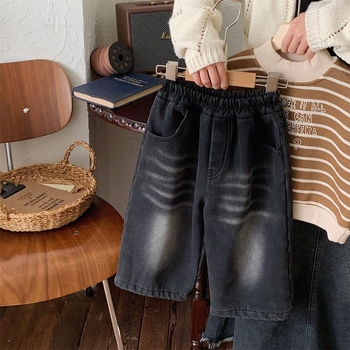 Vaikų džinsinės kelnės su fliso pamušalu, storos žiemai, plačios kojų linijos, elastinis juosmuo, 1–3 metų amžiaus