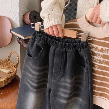 Vaikų džinsinės kelnės su fliso pamušalu, storos žiemai, plačios kojų linijos, elastinis juosmuo, 1–3 metų amžiaus