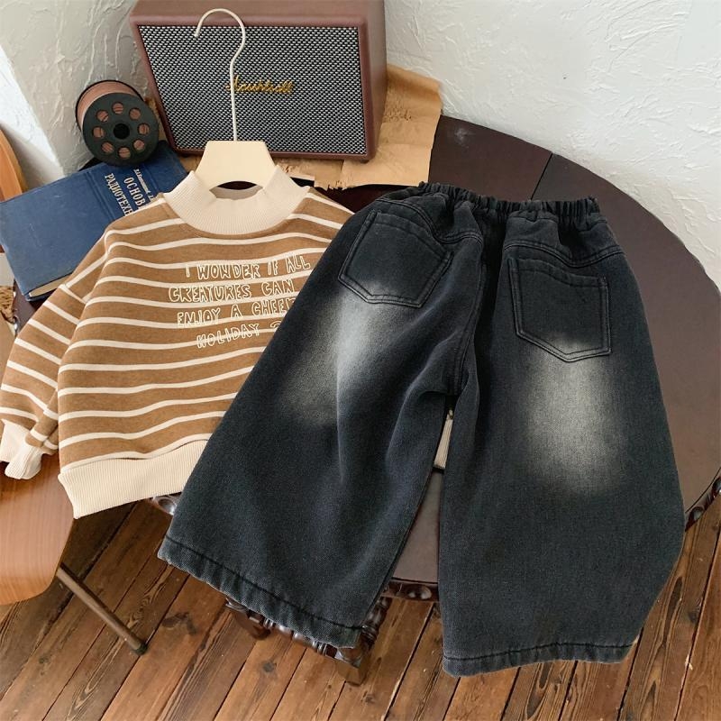 Vaikų džinsinės kelnės su fliso pamušalu, storos žiemai, plačios kojų linijos, elastinis juosmuo, 1–3 metų amžiaus