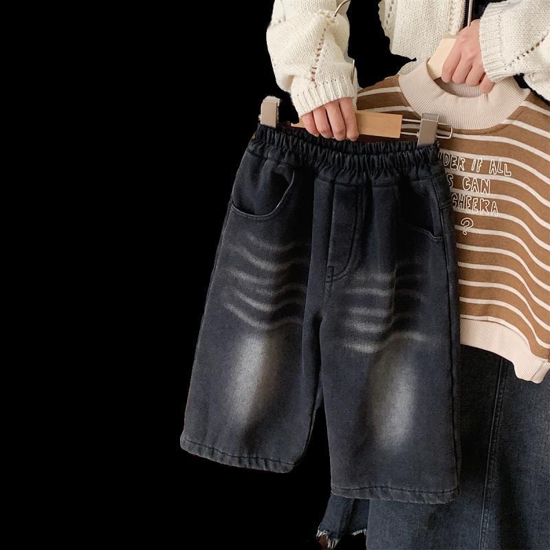 Vaikų džinsinės kelnės su fliso pamušalu, storos žiemai, plačios kojų linijos, elastinis juosmuo, 1–3 metų amžiaus