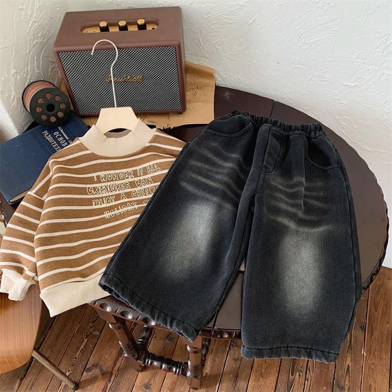 Vaikų džinsinės kelnės su fliso pamušalu, storos žiemai, plačios kojų linijos, elastinis juosmuo, 1–3 metų amžiaus