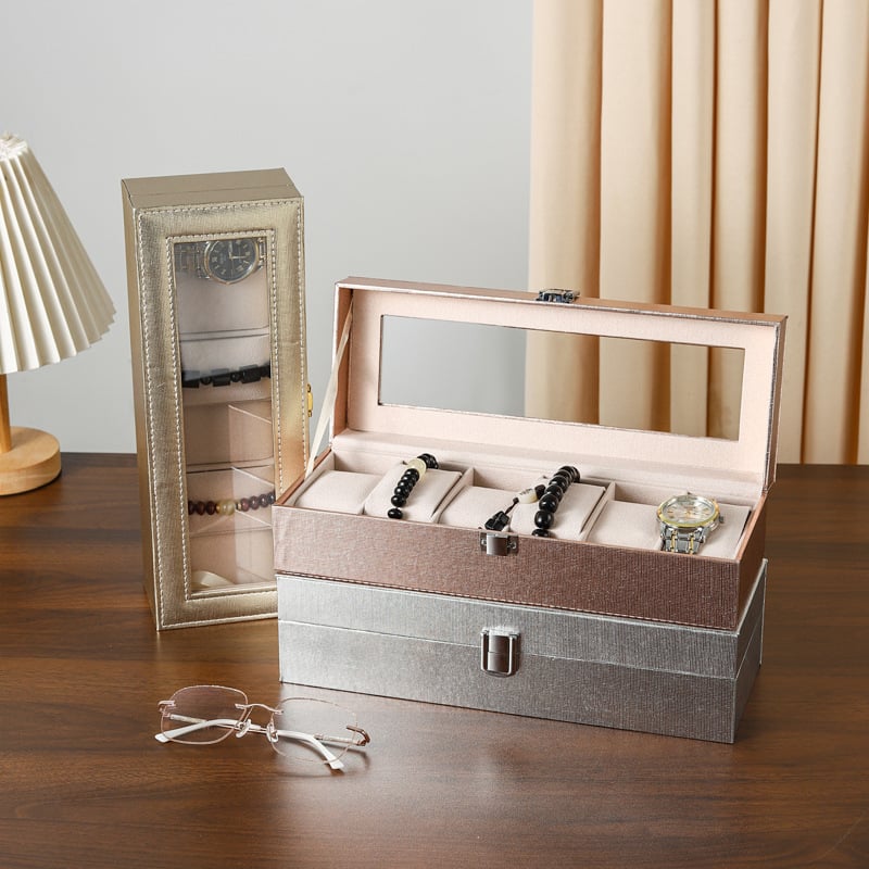 Kutija za satove u ružičastoj boji zlata, kutija za prikaz satova sa staklenim poklopcem, višedjelna kutija za nakit, ručna izrada, materijali: gusto ploča + poseban papir + pliš tkanina, odmah na skladištu