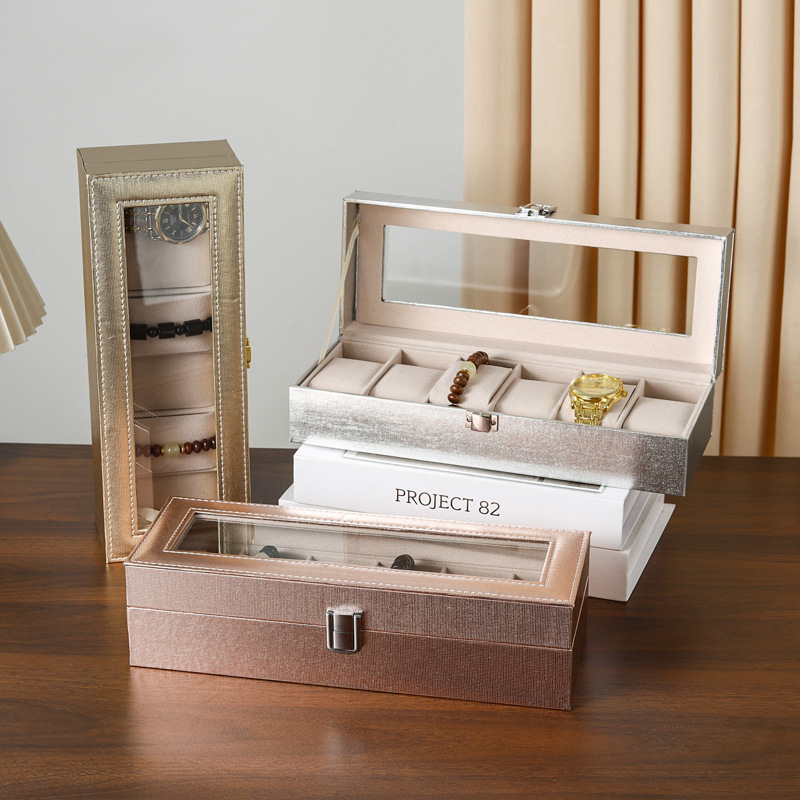 Kutija za satove u ružičastoj boji zlata, kutija za prikaz satova sa staklenim poklopcem, višedjelna kutija za nakit, ručna izrada, materijali: gusto ploča + poseban papir + pliš tkanina, odmah na skladištu