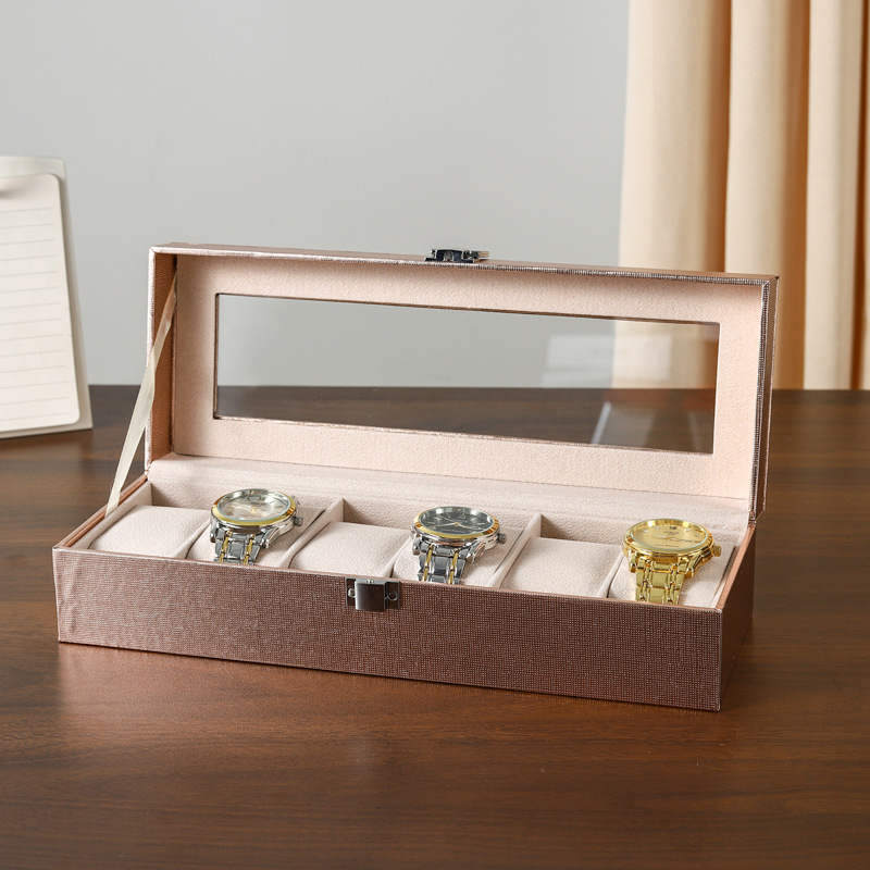 Kutija za satove u ružičastoj boji zlata, kutija za prikaz satova sa staklenim poklopcem, višedjelna kutija za nakit, ručna izrada, materijali: gusto ploča + poseban papir + pliš tkanina, odmah na skladištu