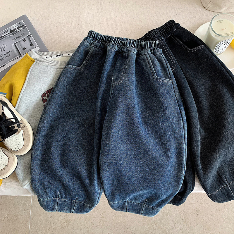 Dječje traper hlače s fleece podstavom, korejskog stila, zima, 70% pamuka / 20% poliestera / 10% reciklirane vlakna, peskano pranje