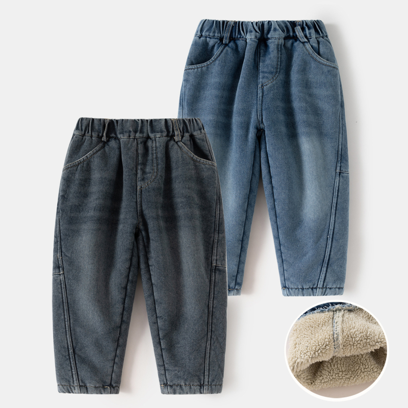 Dječje traperice u korejskom stilu, pamuk denim s fleece podstavom, zima 2025, srednji pojas