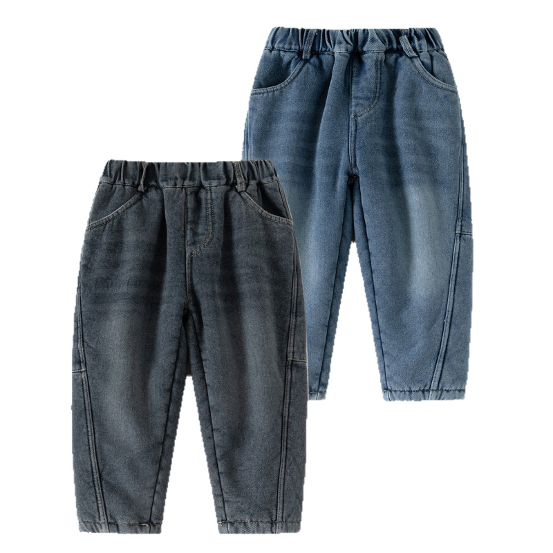 Dječje traperice u korejskom stilu, pamuk denim s fleece podstavom, zima 2025, srednji pojas