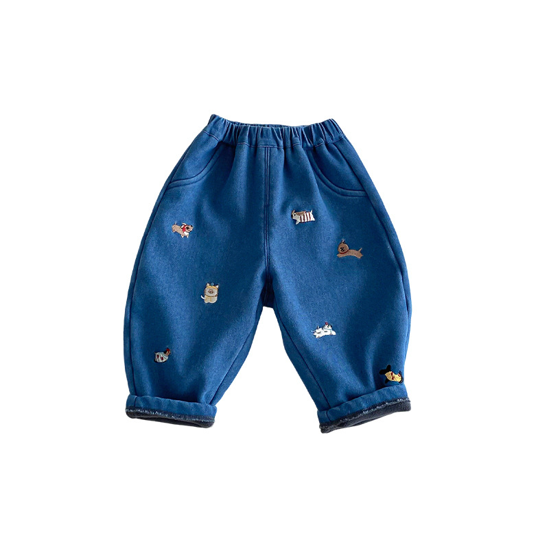 Dječje zimske traperice s izšivanjem i flis unutarnjom, unisex, 85% pamuk 15% poliester, srednji struk