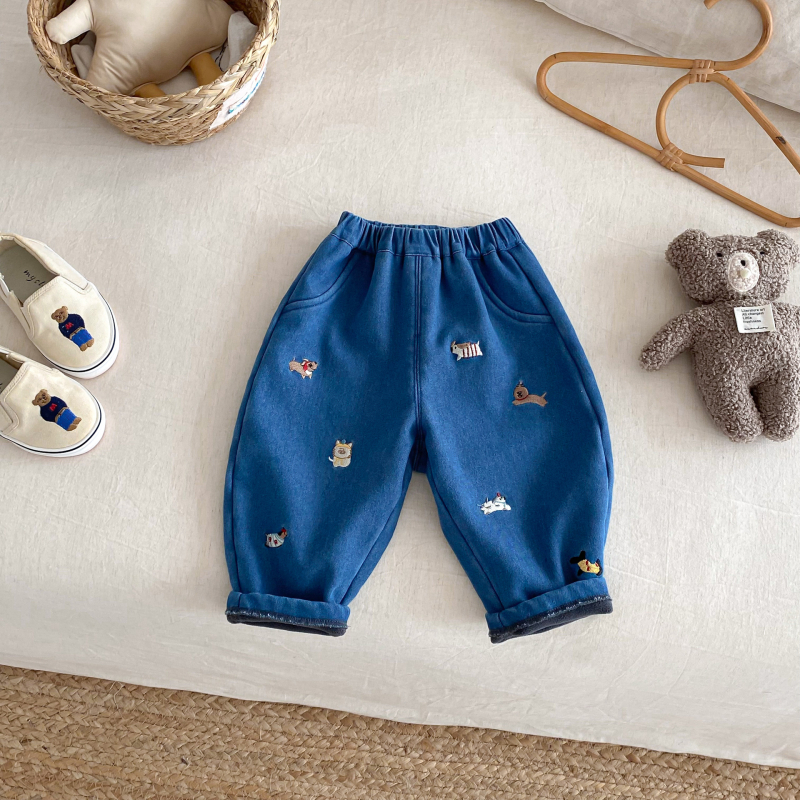 Dječje zimske traperice s izšivanjem i flis unutarnjom, unisex, 85% pamuk 15% poliester, srednji struk