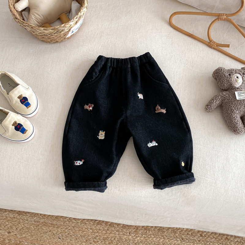 Dječje zimske traperice s izšivanjem i flis unutarnjom, unisex, 85% pamuk 15% poliester, srednji struk