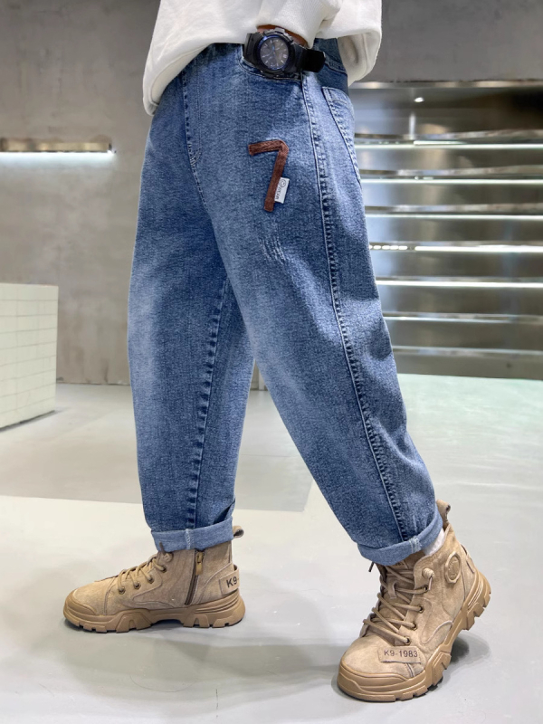 Dječje traperice u korejskom stilu za proljeće-jesen, visokim strukom s elastičnim pojasom, Cowboy denim, 45% pamuka, uzorak s slovima