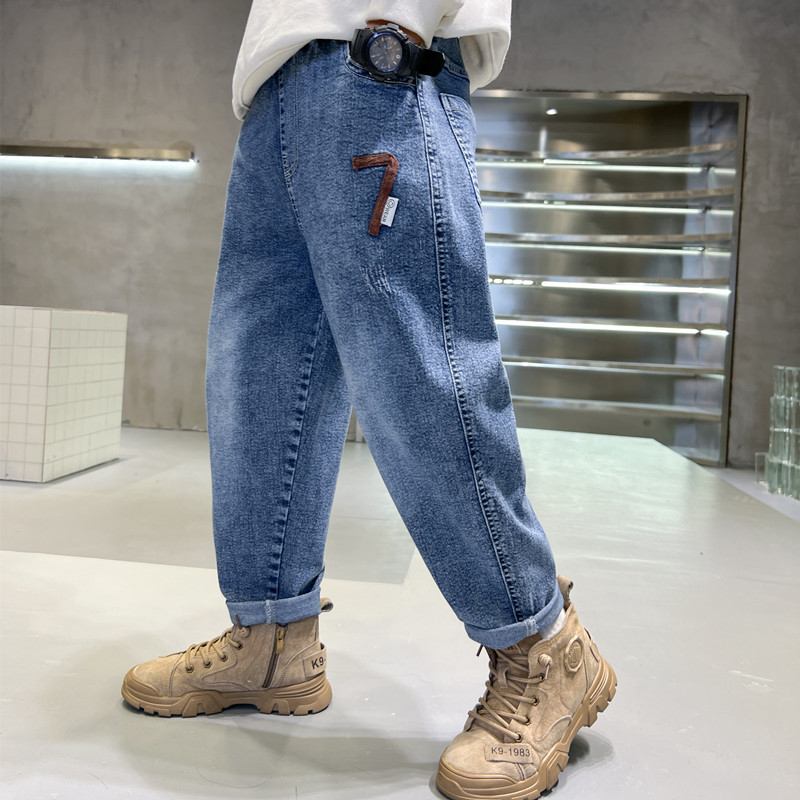 Dječje traperice u korejskom stilu za proljeće-jesen, visokim strukom s elastičnim pojasom, Cowboy denim, 45% pamuka, uzorak s slovima
