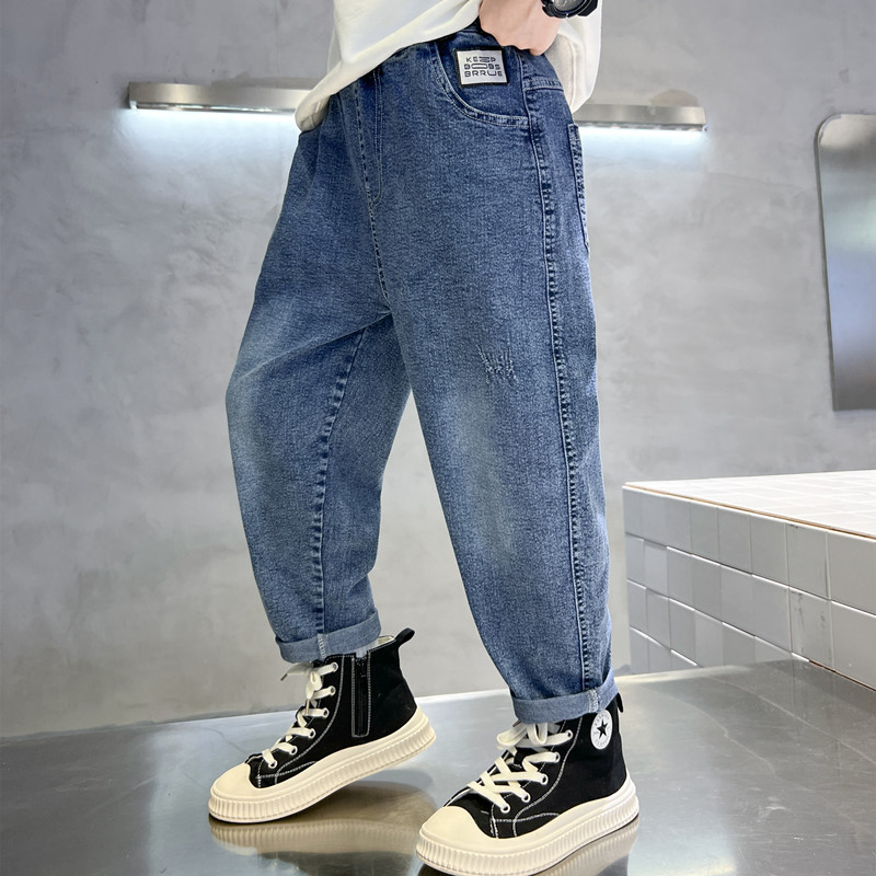 Dječje traperice u korejskom stilu za proljeće-jesen, visokim strukom s elastičnim pojasom, Cowboy denim, 45% pamuka, uzorak s slovima