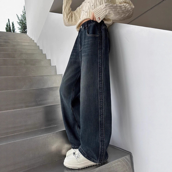 Džinsinės kelnės mergaitėms – fliso pamušalas, storos rudens–žiemos sezono, vidutinio juosmens su elastine juostele, tiesus kirpimas, 8+ metų