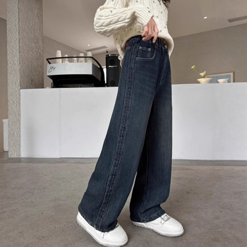 Džinsinės kelnės mergaitėms – fliso pamušalas, storos rudens–žiemos sezono, vidutinio juosmens su elastine juostele, tiesus kirpimas, 8+ metų