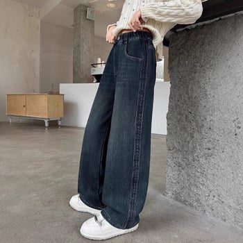 Džinsinės kelnės mergaitėms – fliso pamušalas, storos rudens–žiemos sezono, vidutinio juosmens su elastine juostele, tiesus kirpimas, 8+ metų