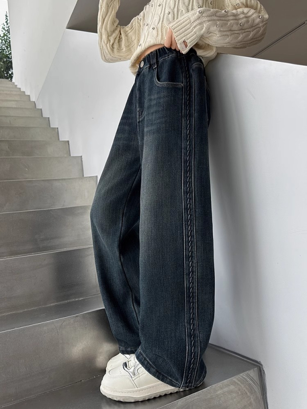 Džinsinės kelnės mergaitėms – fliso pamušalas, storos rudens–žiemos sezono, vidutinio juosmens su elastine juostele, tiesus kirpimas, 8+ metų