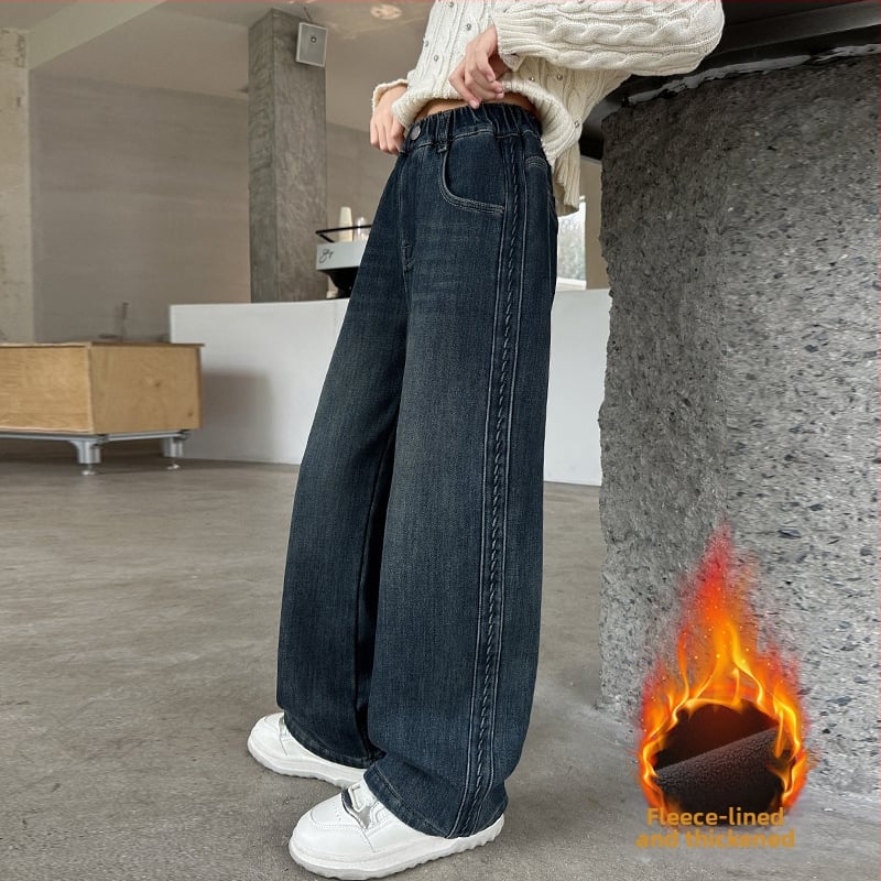 Džinsinės kelnės mergaitėms – fliso pamušalas, storos rudens–žiemos sezono, vidutinio juosmens su elastine juostele, tiesus kirpimas, 8+ metų