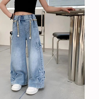 Mergaitėms skirti džinsiniai plačių kelnių modeliai, korėjietiško stiliaus, 75% medvilnė, vidurio liemuo, elastinis diržas, 3–8 metų amžiaus