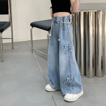 Mergaitėms skirti džinsiniai plačių kelnių modeliai, korėjietiško stiliaus, 75% medvilnė, vidurio liemuo, elastinis diržas, 3–8 metų amžiaus