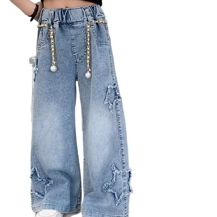 Mergaitėms skirti džinsiniai plačių kelnių modeliai, korėjietiško stiliaus, 75% medvilnė, vidurio liemuo, elastinis diržas, 3–8 metų amžiaus