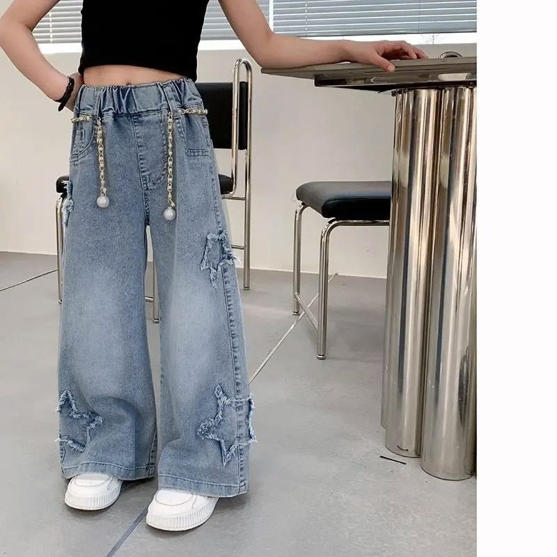 Mergaitėms skirti džinsiniai plačių kelnių modeliai, korėjietiško stiliaus, 75% medvilnė, vidurio liemuo, elastinis diržas, 3–8 metų amžiaus