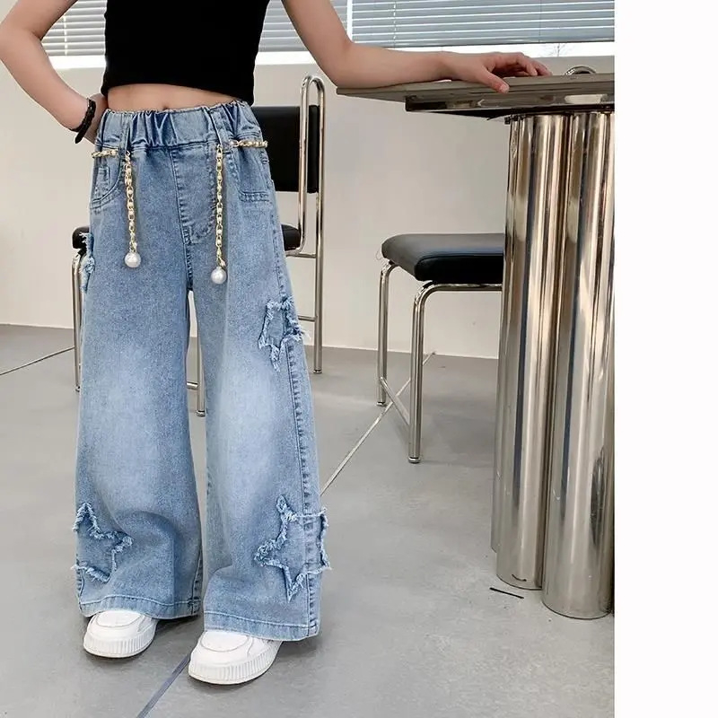 Mergaitėms skirti džinsiniai plačių kelnių modeliai, korėjietiško stiliaus, 75% medvilnė, vidurio liemuo, elastinis diržas, 3–8 metų amžiaus