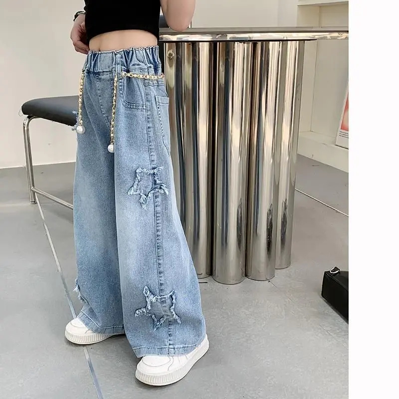 Mergaitėms skirti džinsiniai plačių kelnių modeliai, korėjietiško stiliaus, 75% medvilnė, vidurio liemuo, elastinis diržas, 3–8 metų amžiaus