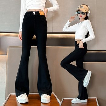 Lányoknak szánt bell-bottom farmernadrág, magas derekú, karcsúsított szabás, 52% pamut, elasztikus derék, tavasz-ősz