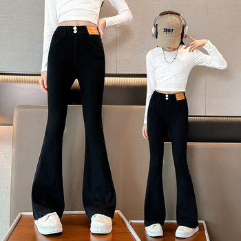 Lányoknak szánt bell-bottom farmernadrág, magas derekú, karcsúsított szabás, 52% pamut, elasztikus derék, tavasz-ősz