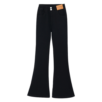 Lányoknak szánt bell-bottom farmernadrág, magas derekú, karcsúsított szabás, 52% pamut, elasztikus derék, tavasz-ősz