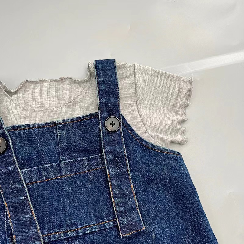 Djevojčice: korejski stil denim suknja s trakama i kratkim rukavima, dvodijelni komplet, 95% pamuk, enzimsko pranje, za uzrast 3–8 godina, ljeto